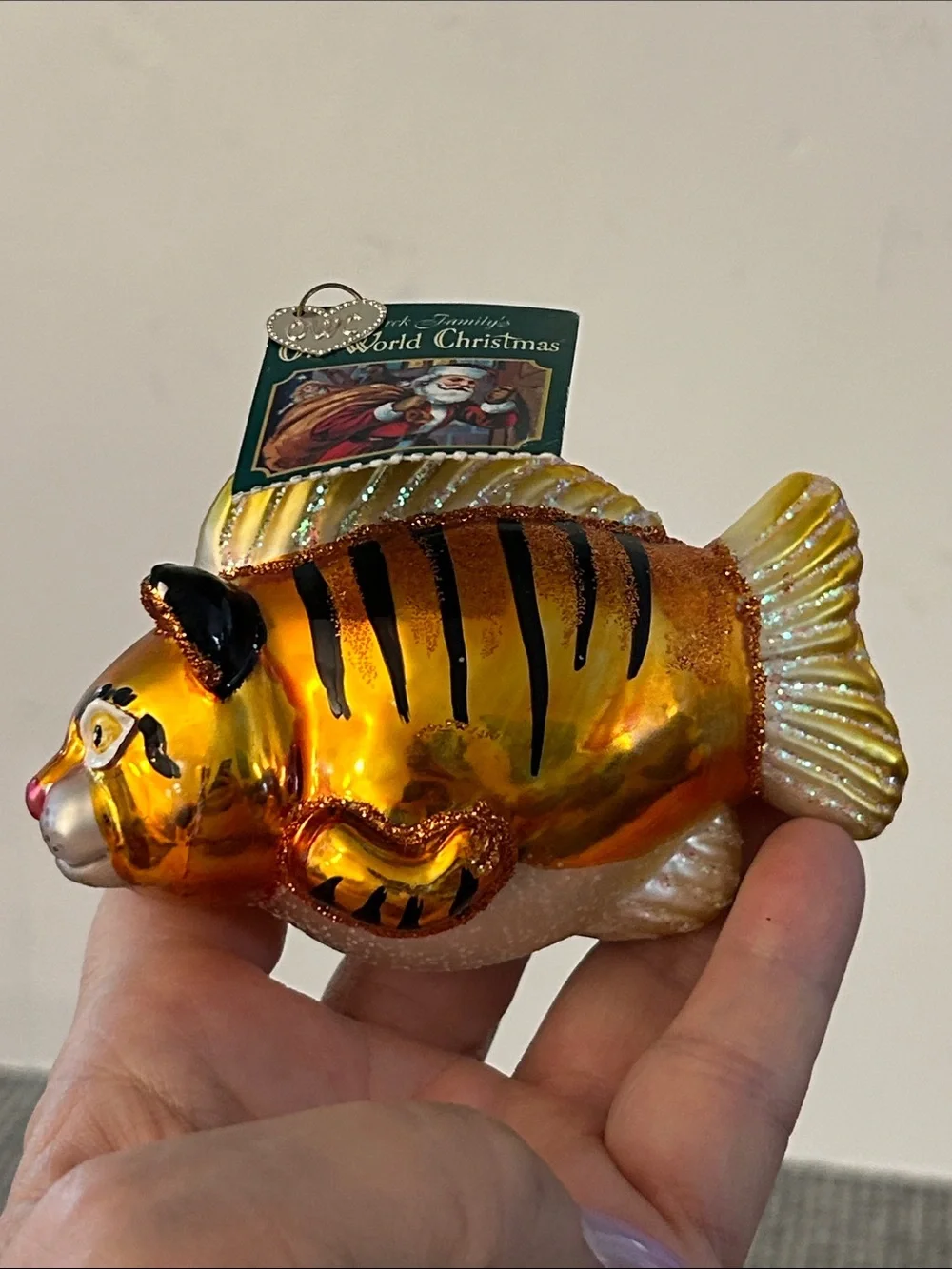 Old world Christmas Glass Tiger Kitty CatFish Ornament one ear broken